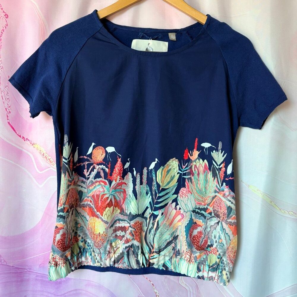 Michelle Morin Knitted and Knotted XS Navy Blue Watercolor Floral Blouse Top